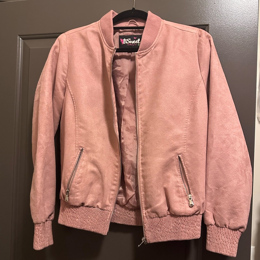 Pink suede bomber jacket